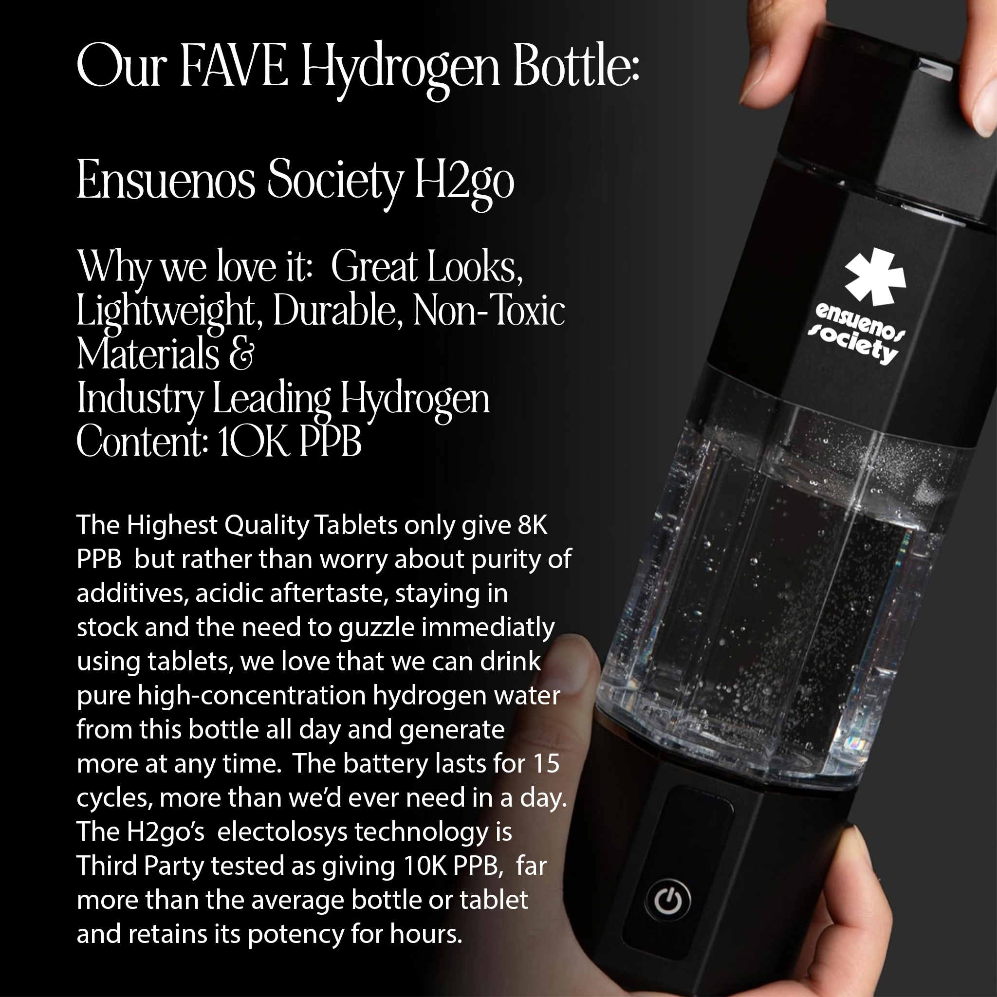 Ensuenos Society H2GO Hydrogen Water Bottle With Hydrogen Inhalation
